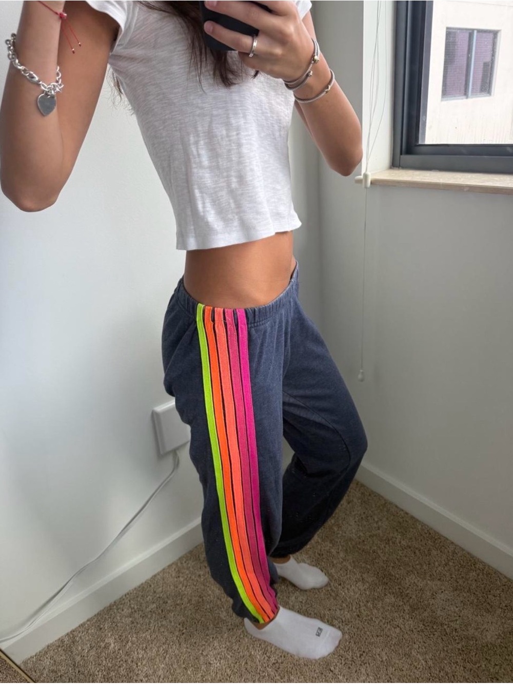 Aviator Nation Navy Sweatpants with Neon Pink, Orange & Yellow Side Stripes